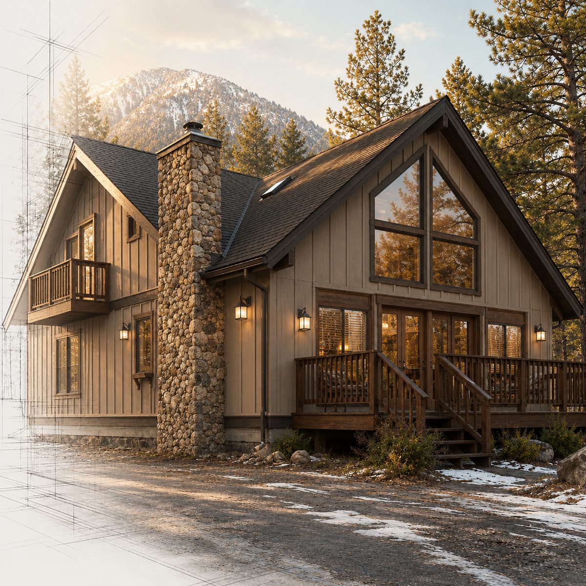 A timber A-frame cabin surrounded by pines in Big Bear, California