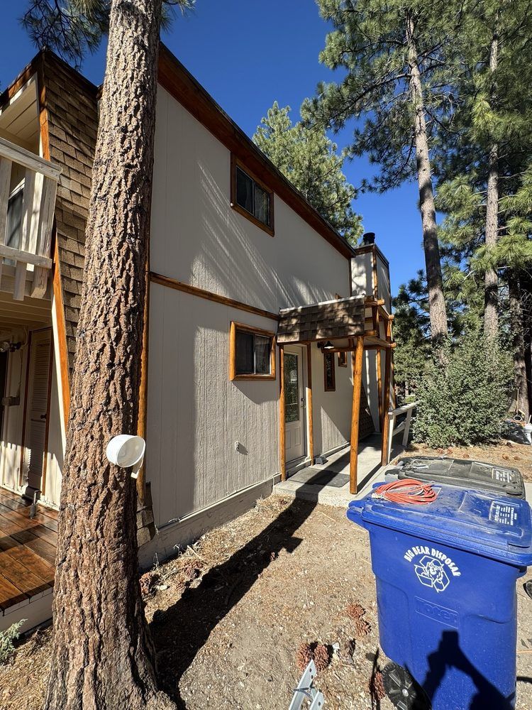 Cedar-shingle cabin exterior finished in Big Bear