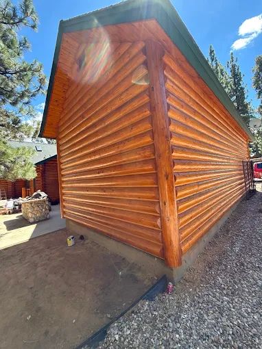 Cedar-shingle cabin exterior finished in Big Bear