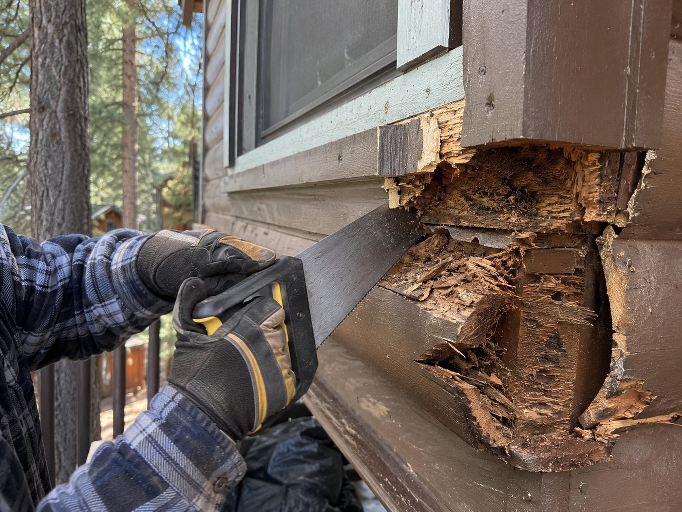 Cutting out dry rot from cabin trim in Big Bear