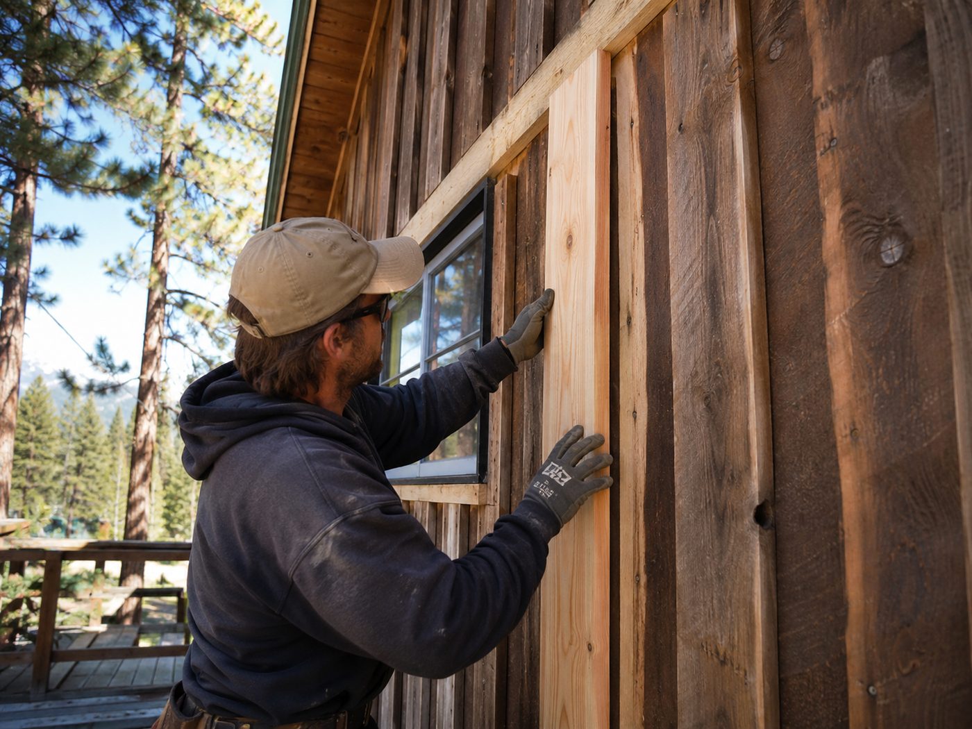 Replacing a cedar siding board on a Big Bear cabin