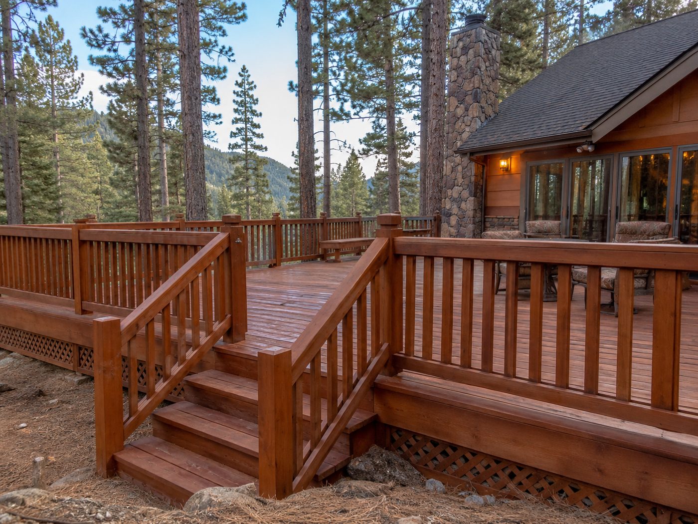 Freshly stained deck railings and stairs on a Big Bear cabin
