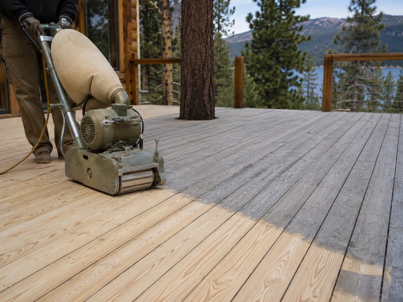 Power-washing a weathered Big Bear deck during restoration