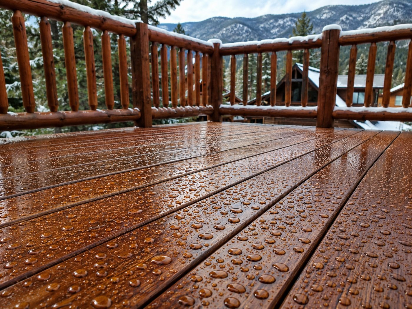 Water beading on a freshly sealed Big Bear deck