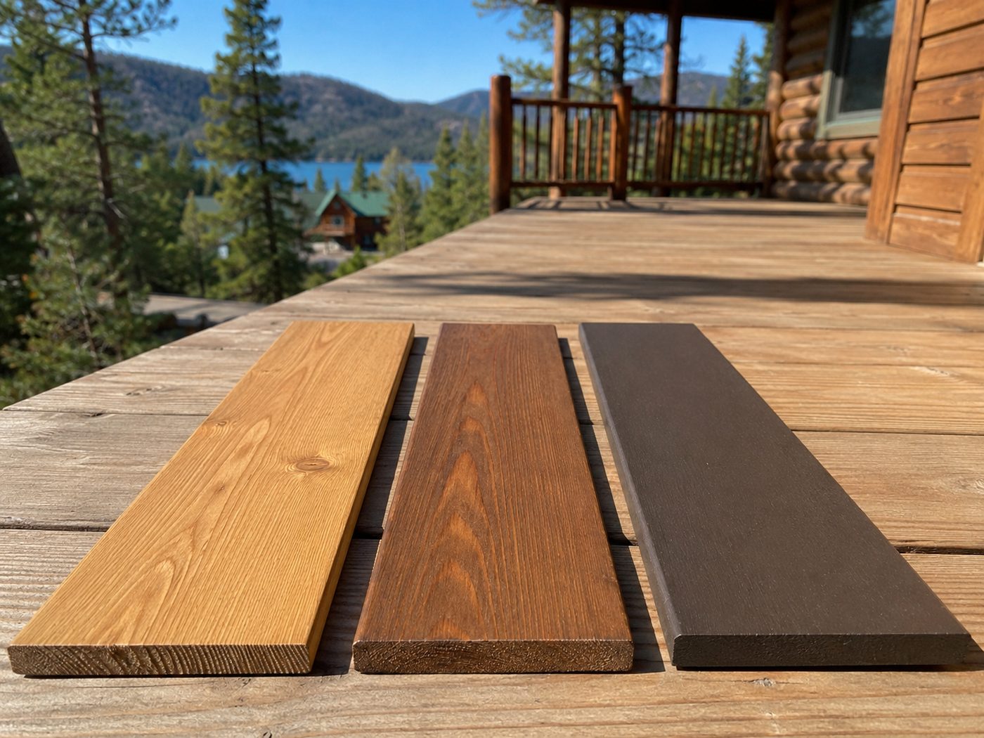 Deck boards showing different stain opacities in Big Bear