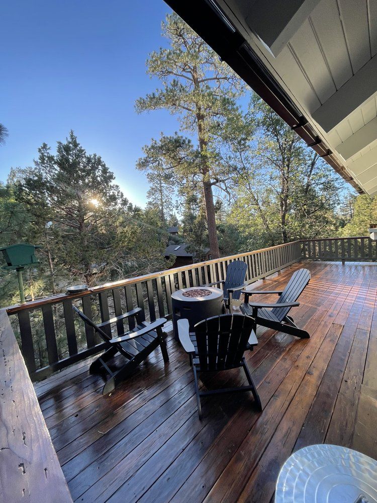 Freshly stained wood deck on a Big Bear cabin