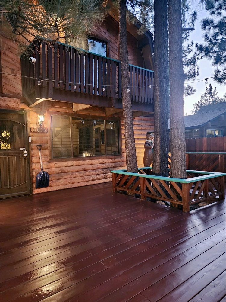 Freshly stained wood deck on a Big Bear cabin