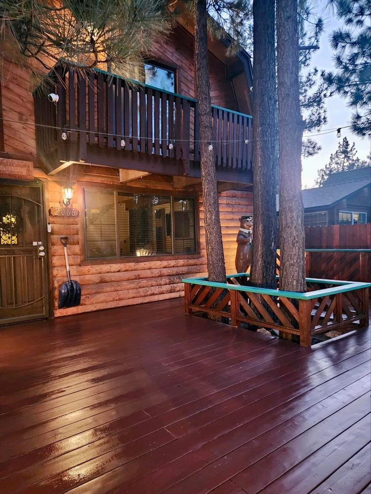 Freshly stained wood deck on a Big Bear cabin