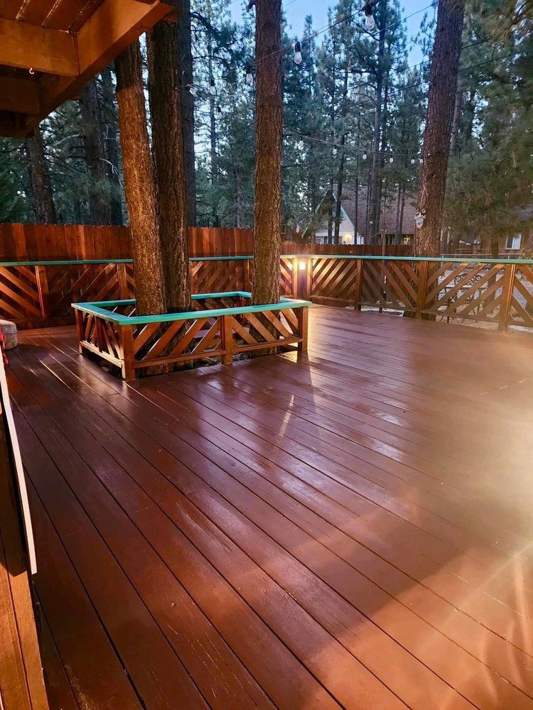 Freshly stained wood deck on a Big Bear cabin