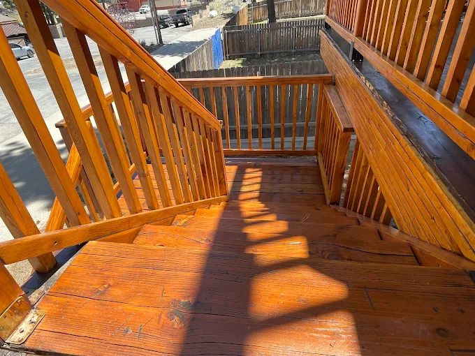 Freshly stained wood deck on a Big Bear cabin