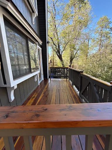 Freshly stained wood deck on a Big Bear cabin