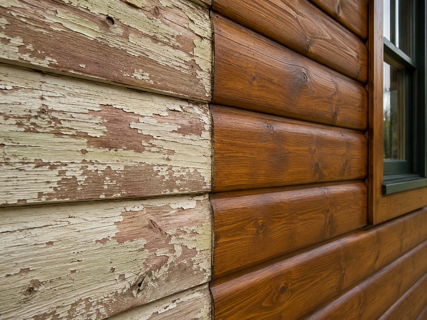 Peeling painted siding beside healthy stained cabin wood in Big Bear