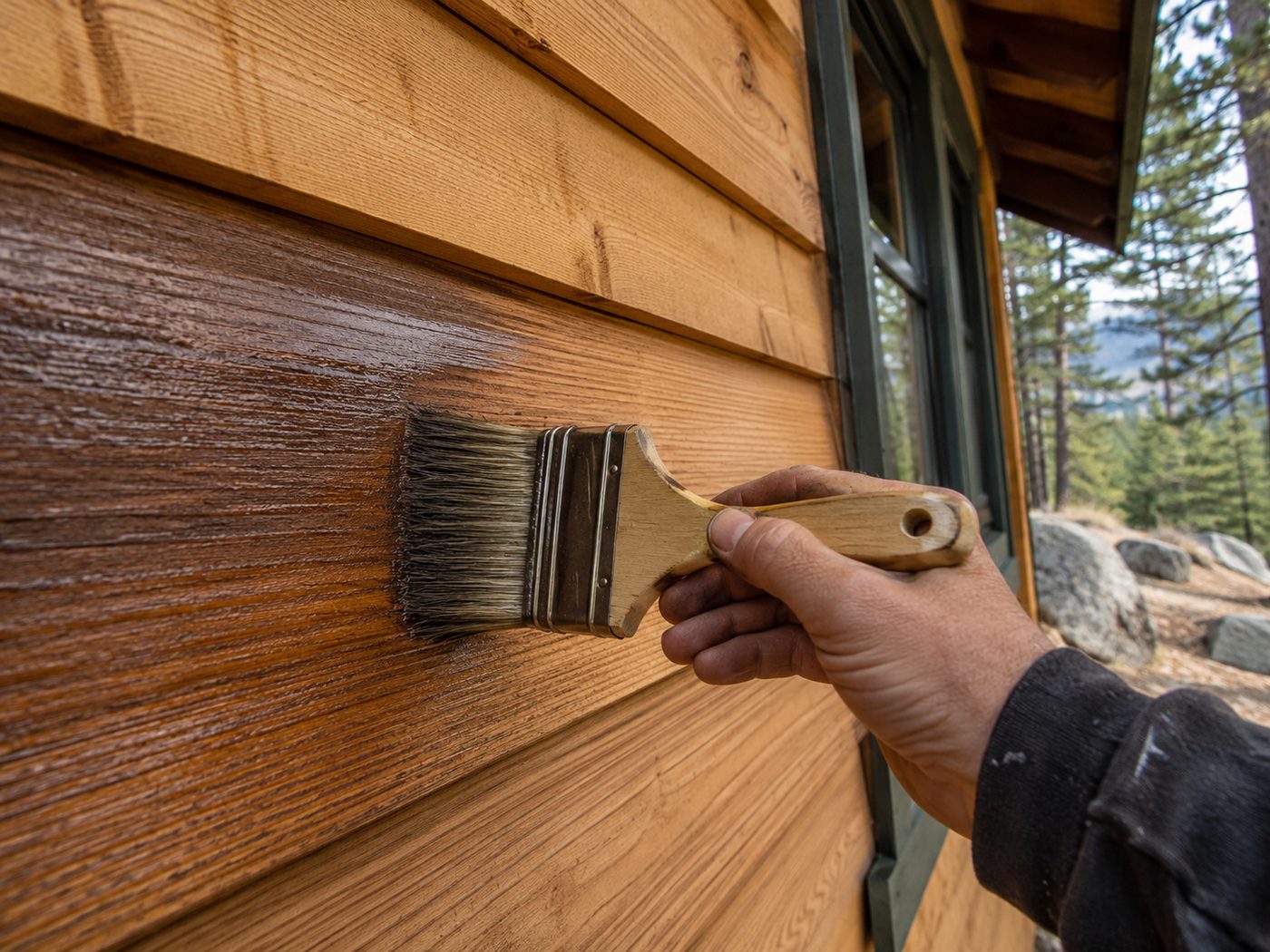 Back-brushing stain into cedar siding during exterior prep in Big Bear