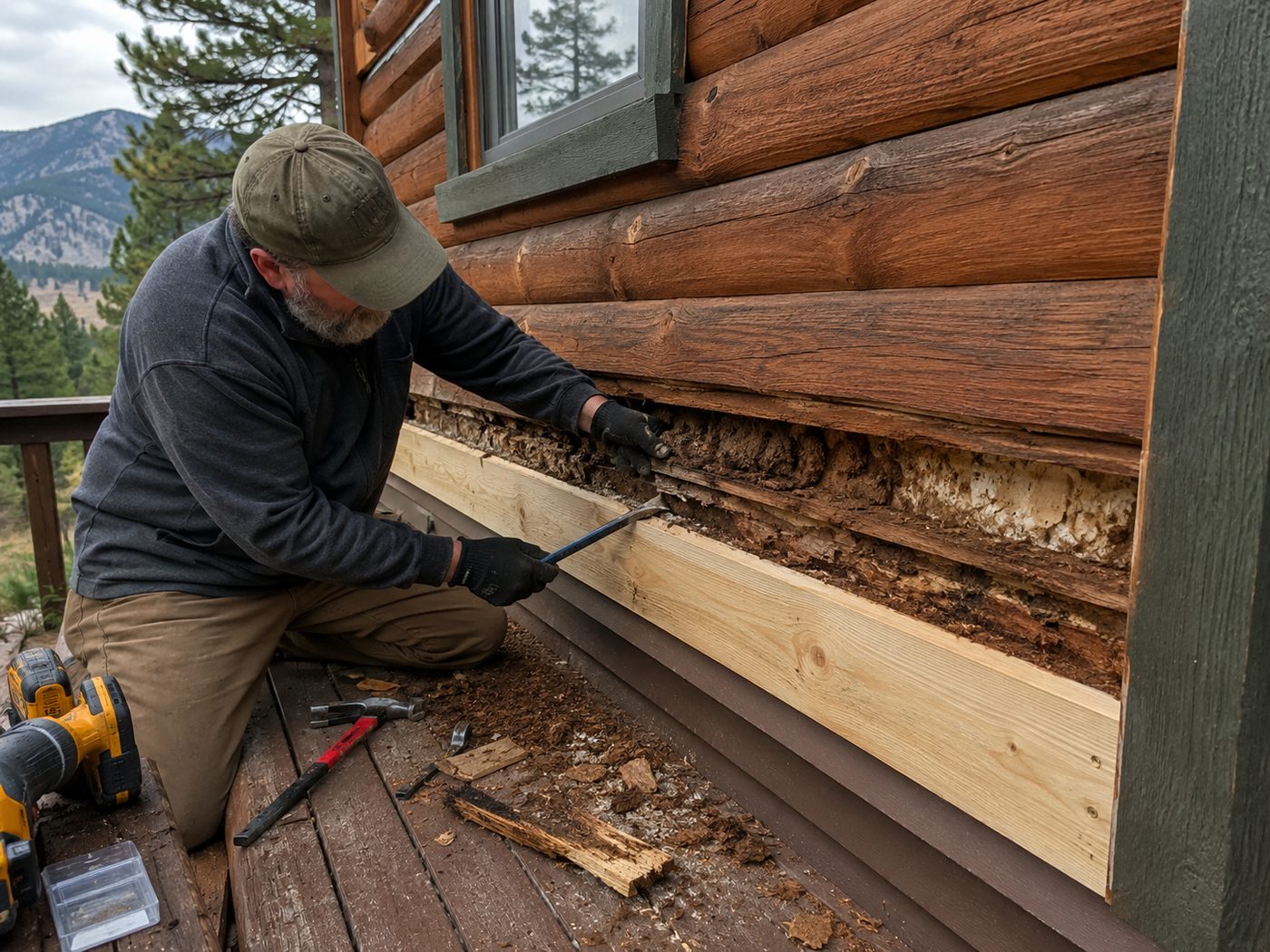 Addressing wood rot in cabin siding before painting in Big Bear