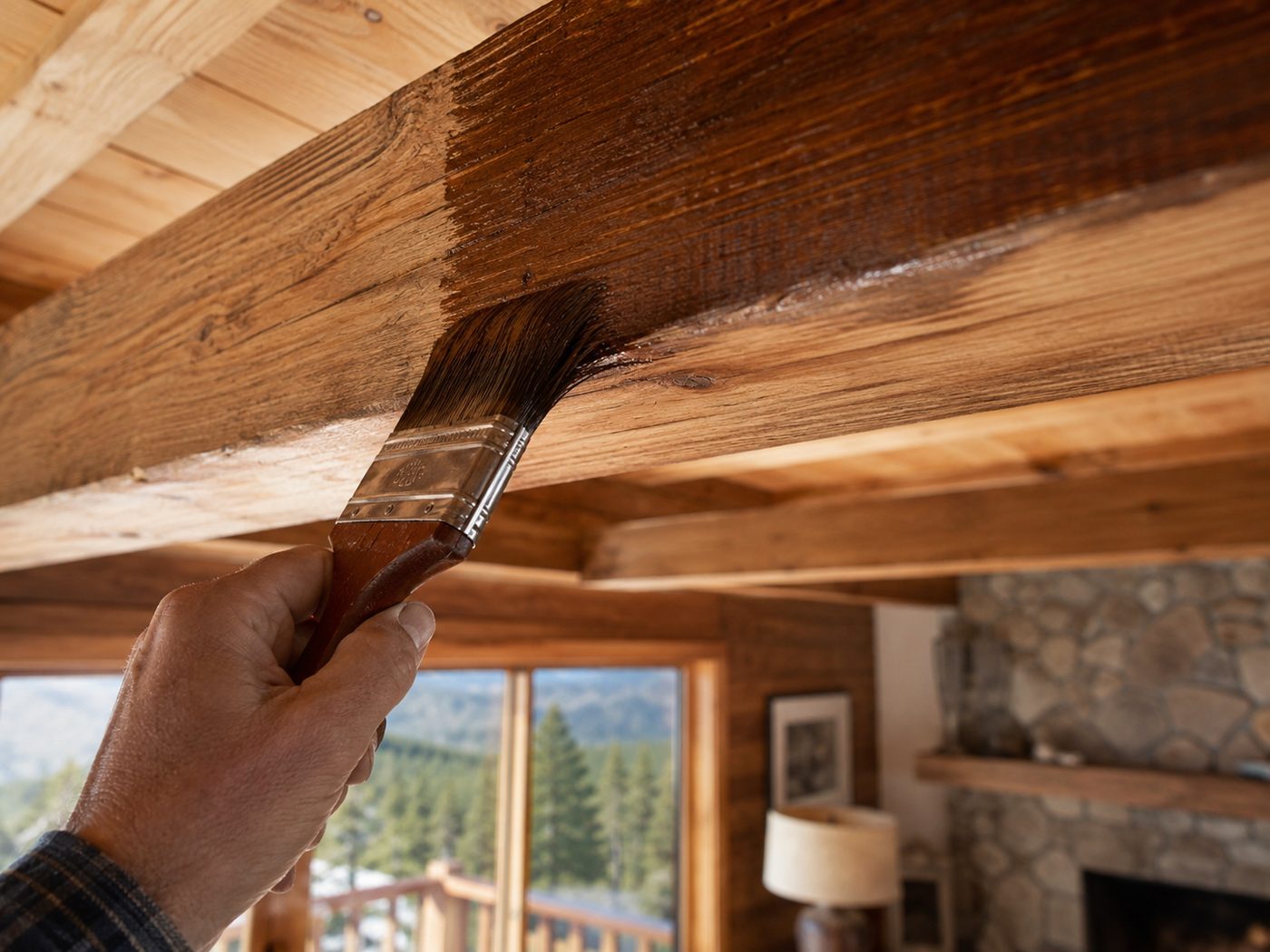 Exposed wood ceiling beams freshly finished in a Big Bear cabin