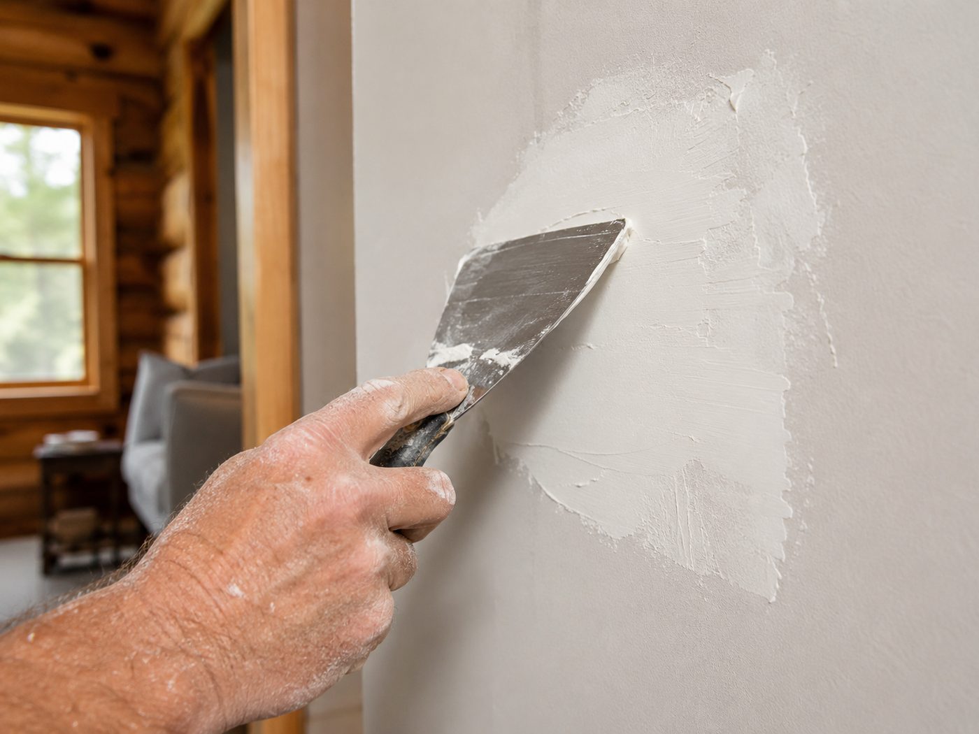 Smoothing a drywall patch before interior painting in Big Bear