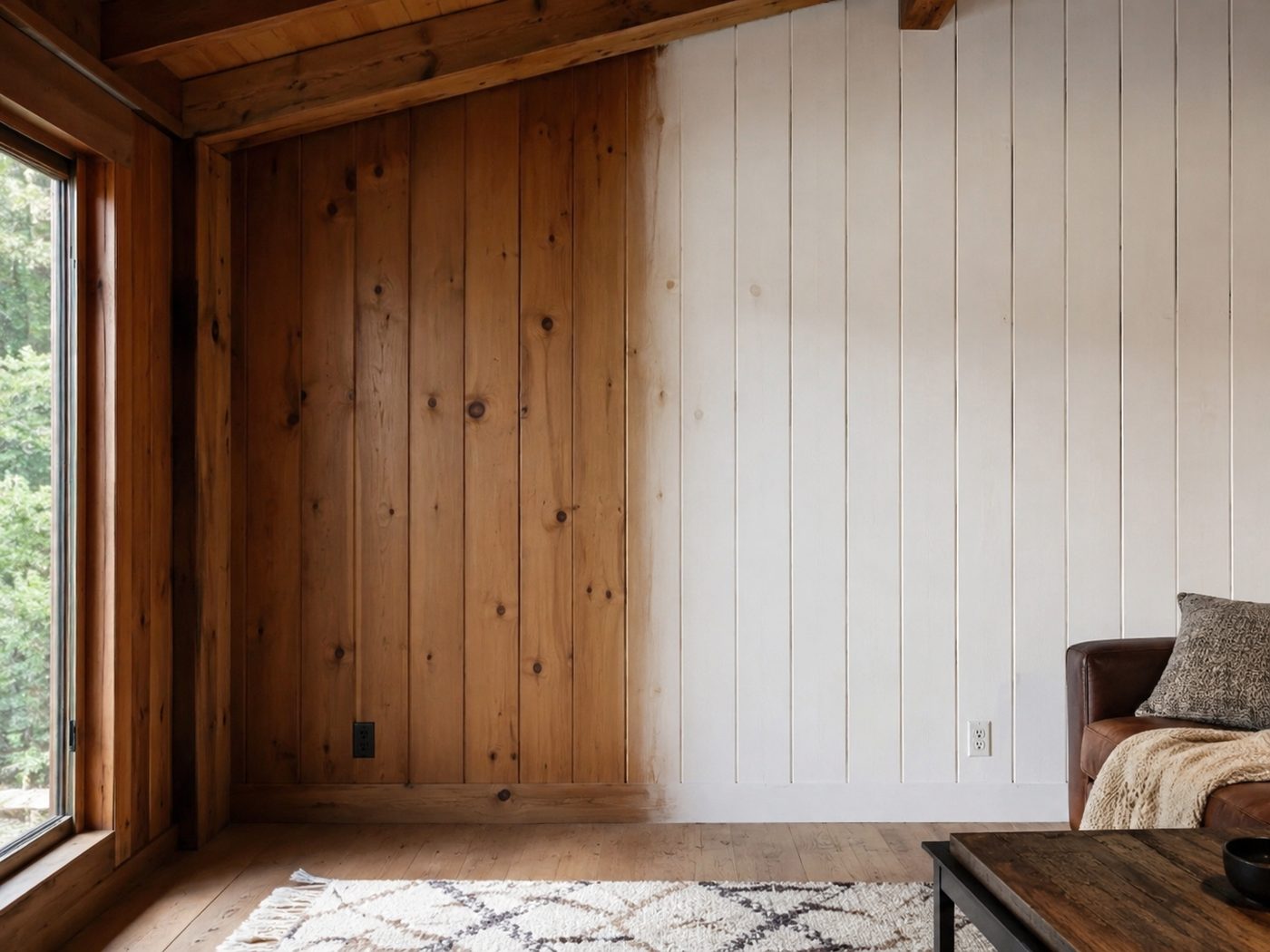 Knotty-pine wood paneling refreshed in a Big Bear cabin