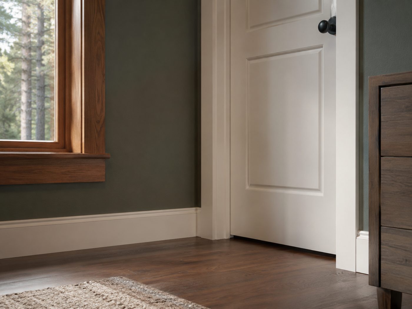 Crisp painted trim, baseboard and interior door in a Big Bear home