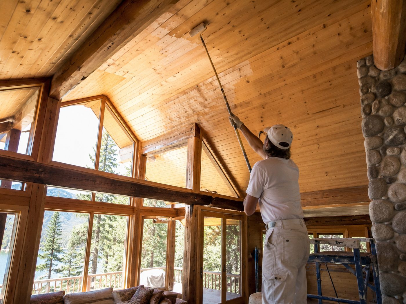 Painter coating a tall vaulted tongue-and-groove ceiling in a Big Bear cabin