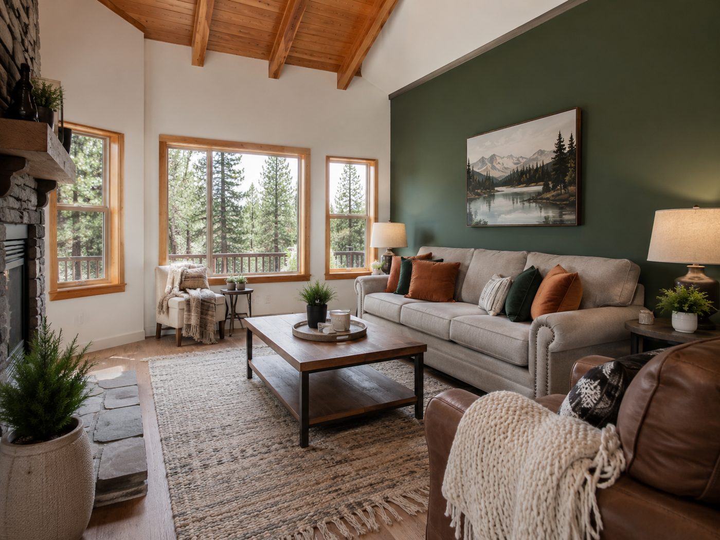 Freshly painted Big Bear cabin living room with a bold accent wall