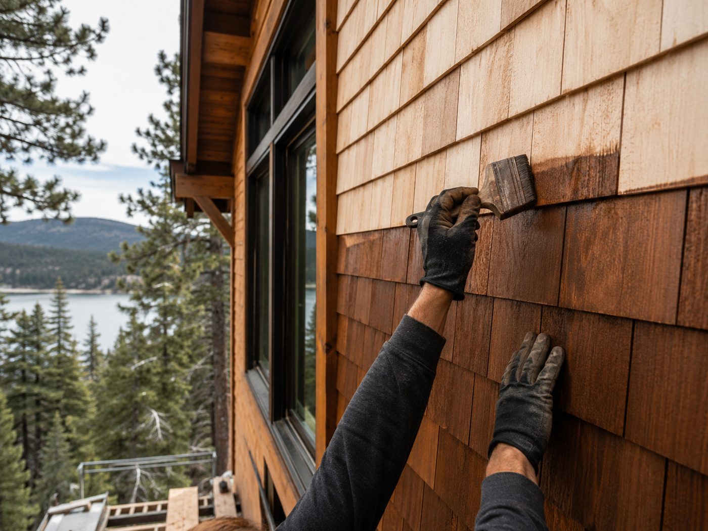 Installing and staining cedar shingles as a custom add-on in Big Bear