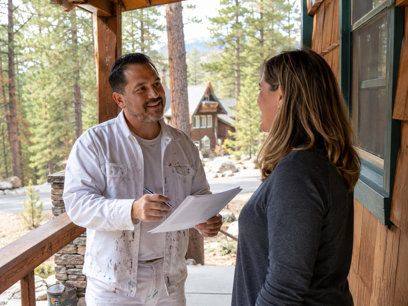 Top Painting estimator talking with a homeowner at a Big Bear cabin