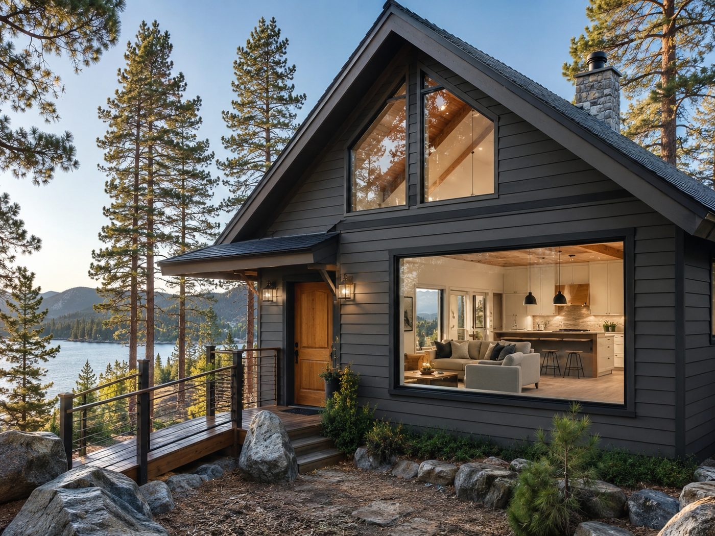 Big Bear cabin glowing at dusk, freshly painted inside and out