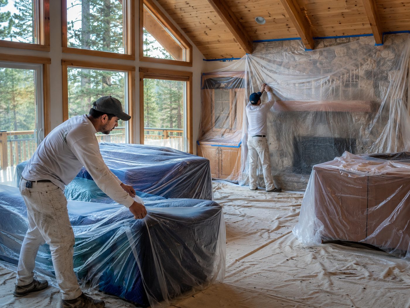 Top Painting crew masking and protecting a room before painting