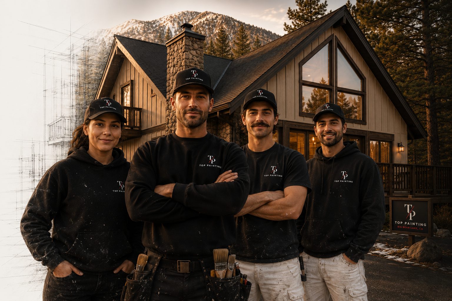 The Top Painting crew in front of a freshly painted timber cabin in Big Bear Lake, California