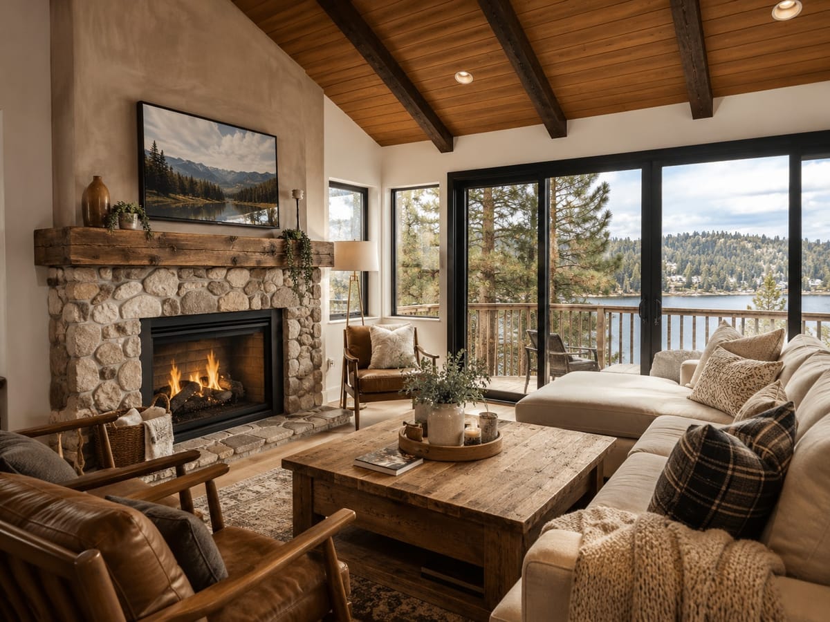 Magazine-style Big Bear cabin living room with stone fireplace and vaulted beams
