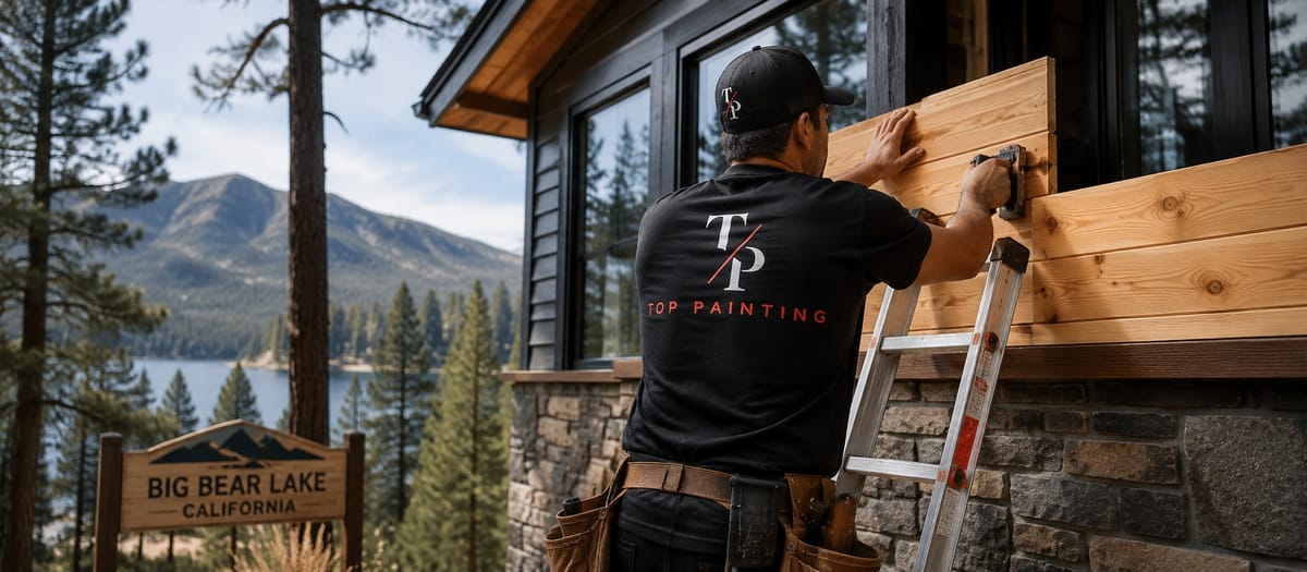 Top Painting worker installing cedar board siding on a Big Bear cabin