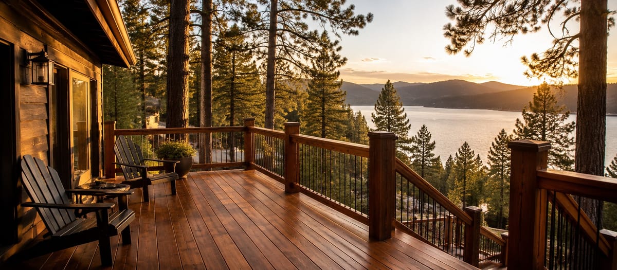 Freshly stained Big Bear cabin deck with wood railings at sunset over the lake
