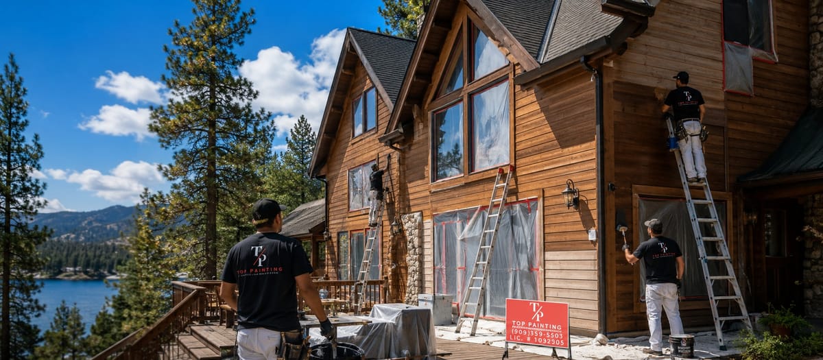 Painter on a ladder repainting a Big Bear cabin exterior beside the pines and lake