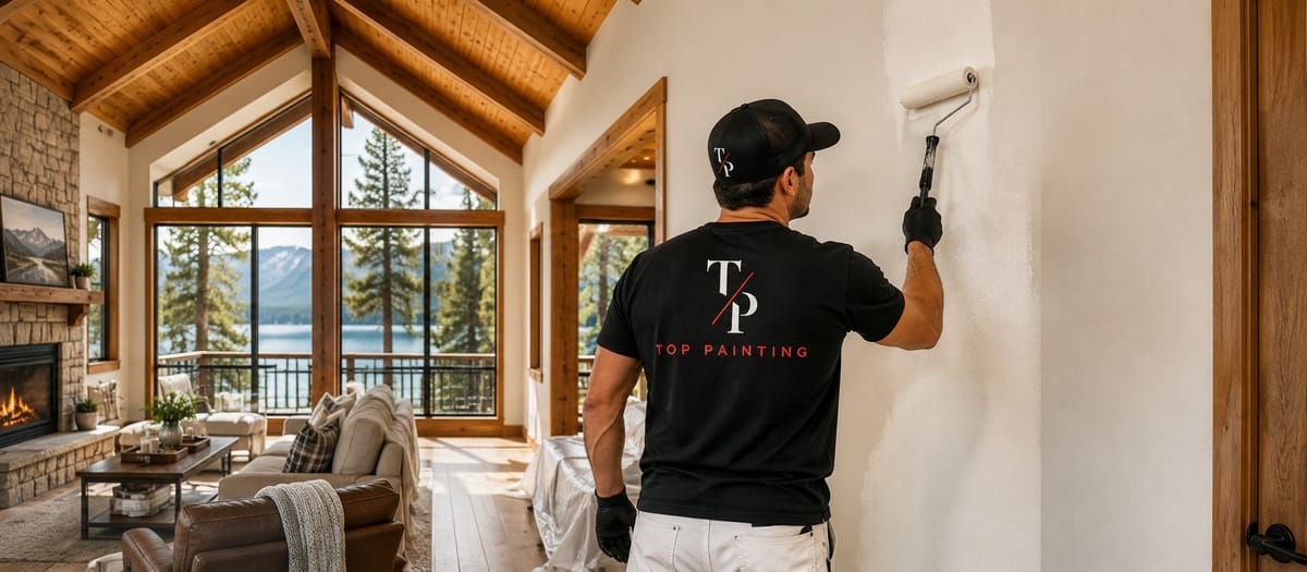 Top Painting painter rolling a fresh interior wall in a vaulted Big Bear cabin