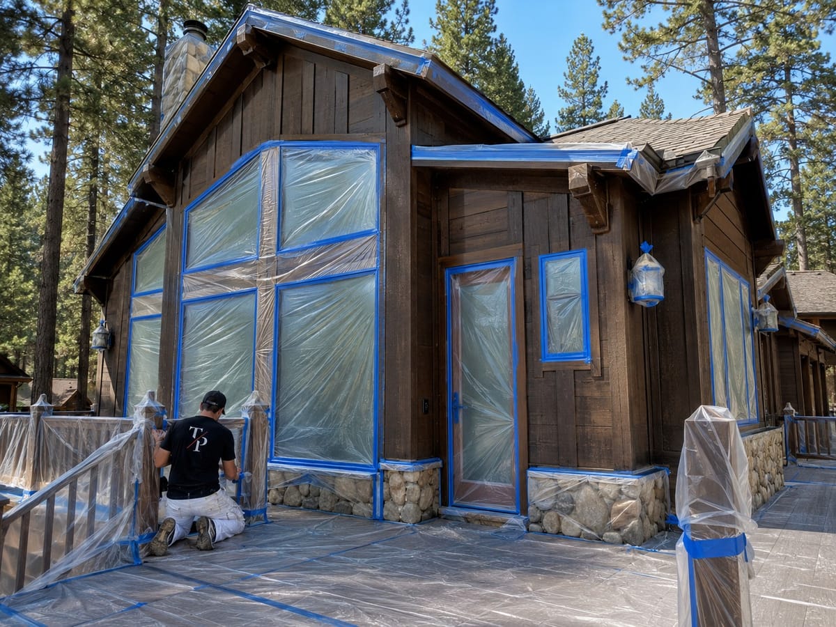 Top Painting painter masking a Big Bear cabin's windows and door with film and tape, deck railings wrapped