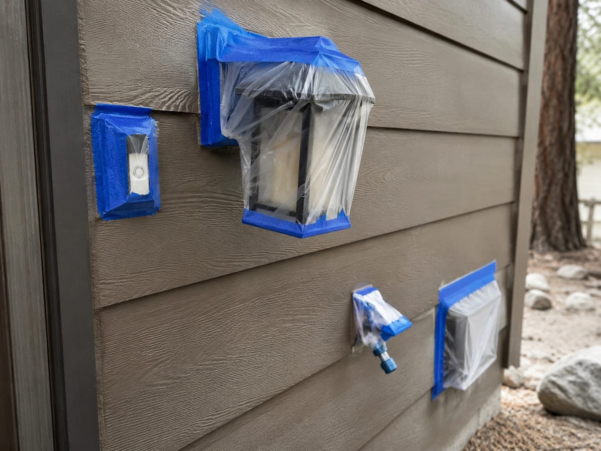 Light fixture, switch and hose bib bagged in plastic and blue tape on a Big Bear cabin before painting