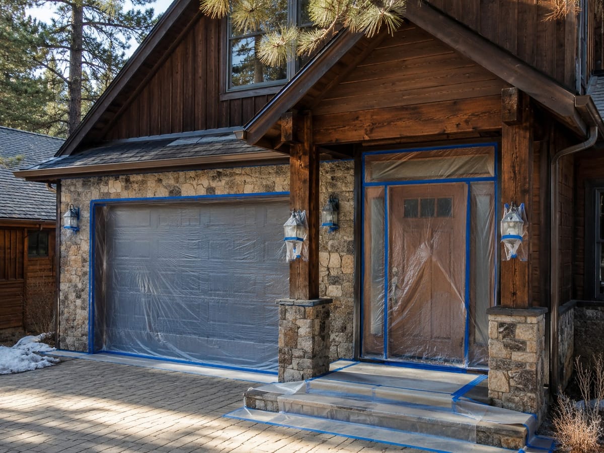 Big Bear cabin with garage door, front door and windows masked in film and blue tape before painting
