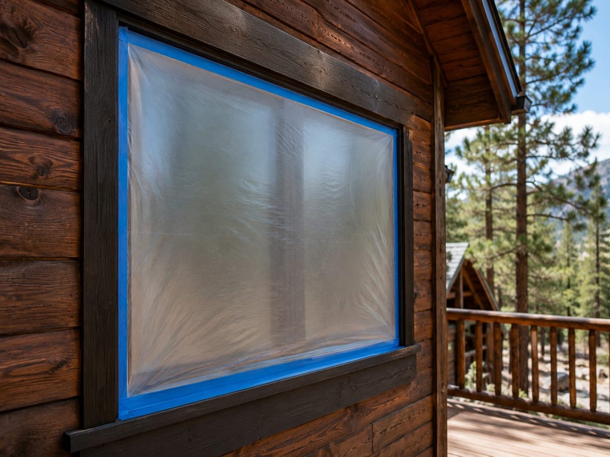 Large Big Bear cabin window sealed with film and a clean blue-tape border before painting