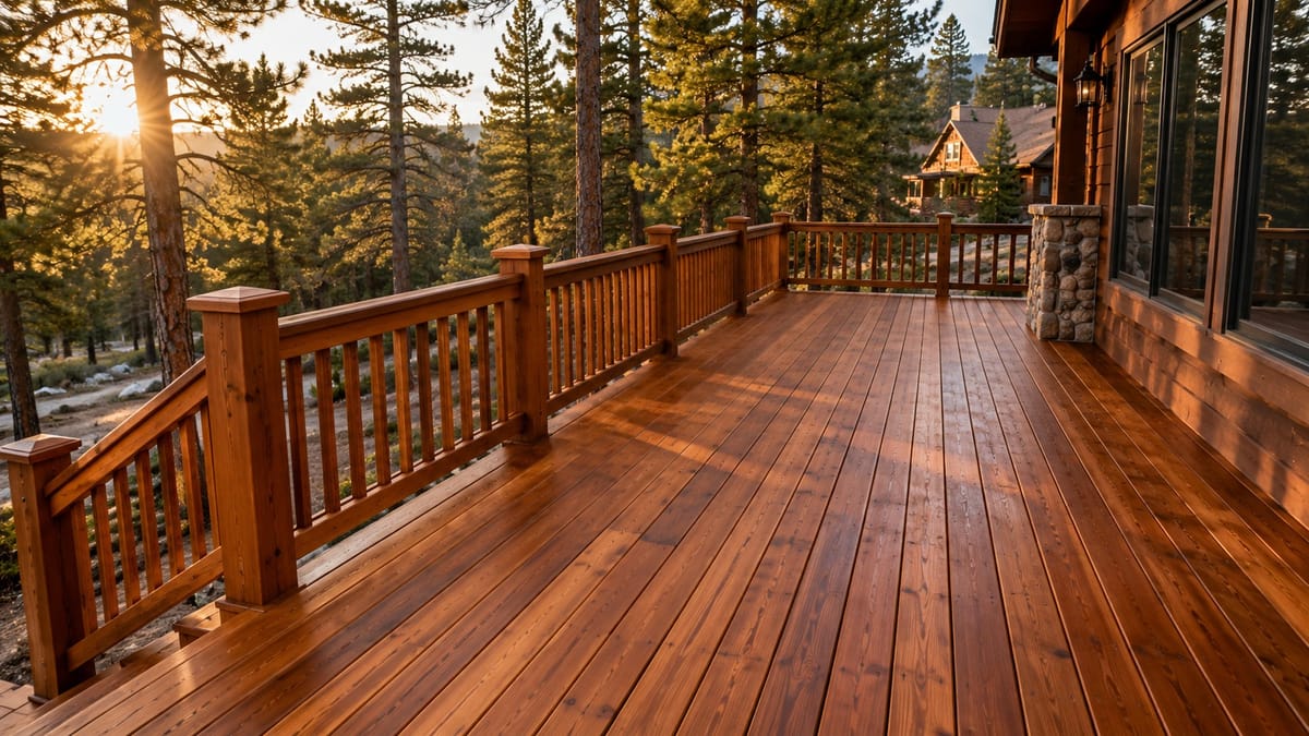 Freshly stained golden-brown cabin deck and railings in Big Bear Lake by Top Painting