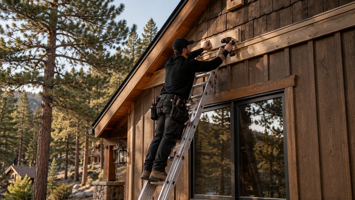 Top Painting crew repainting the exterior of a Big Bear Lake cabin from ladders