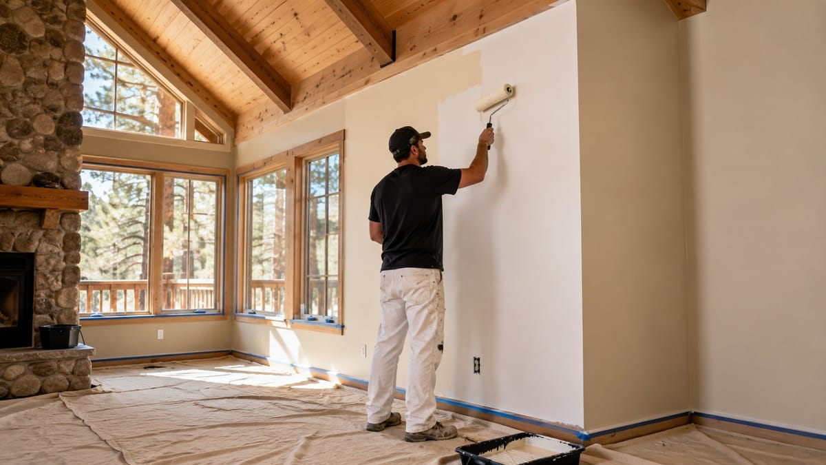 Top Painting painter rolling a fresh coat on an interior wall in a vaulted Big Bear cabin