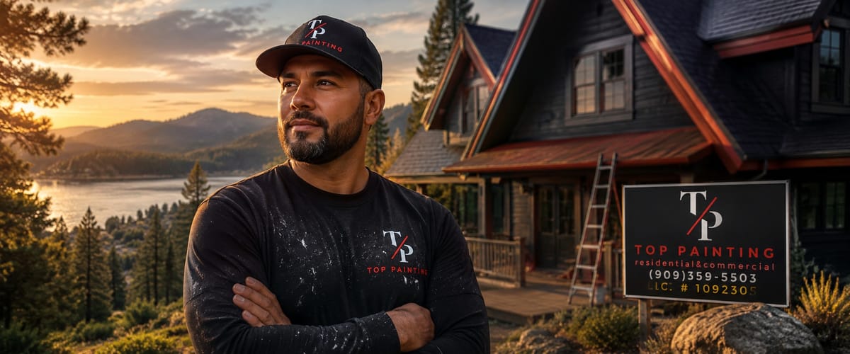 The Top Painting crew beside a warm-lit Big Bear cabin at dusk