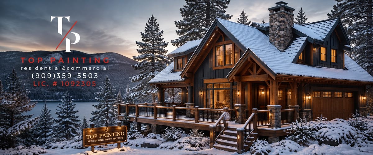 Snow-dusted Big Bear cabin with warm-lit windows, painted and protected for winter