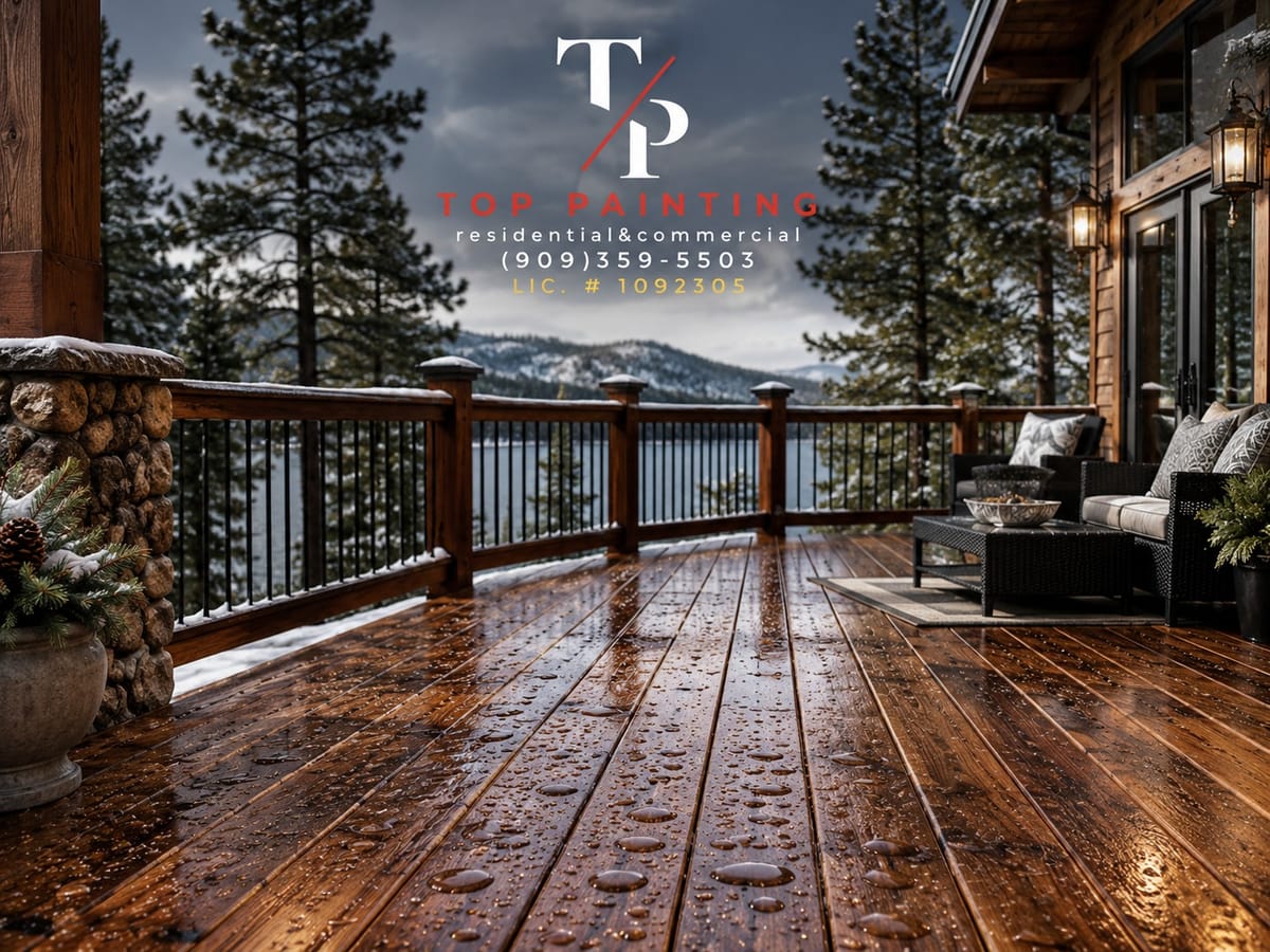 Glossy stained Big Bear deck shedding water with light snow on the railings